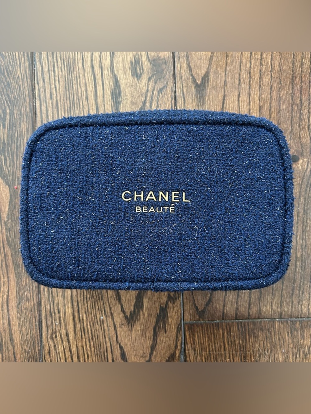 CHANEL Beauté Navy Tweed Makeup Pouch with Gold Logo